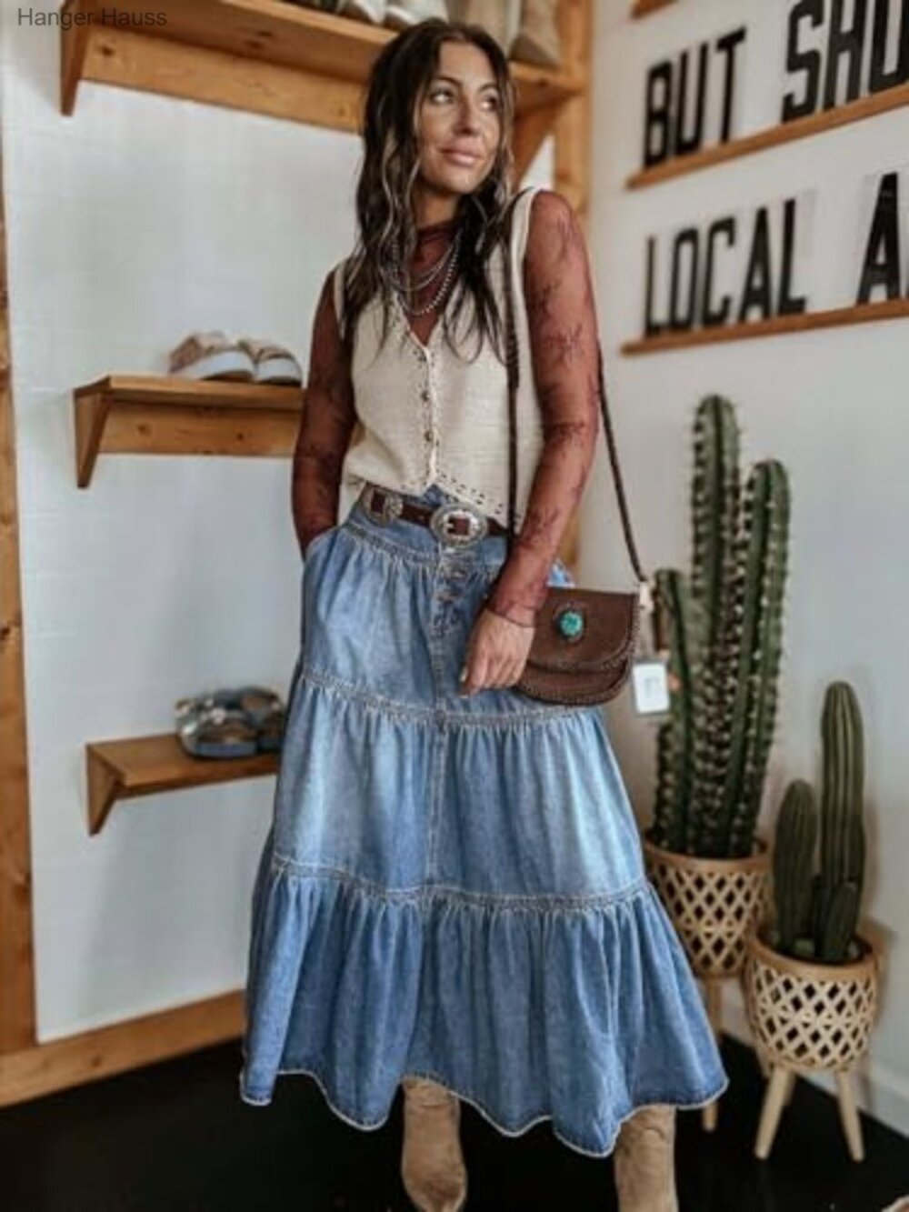 High Waist Long Denim Tiered Ruffle Swing A-Line Maxi Skirt with Pockets - Picture 3 of 7